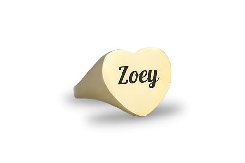 14k Gold Initials Signet Ring - Couples Engraved Heart Shaped Unisex Name Ring