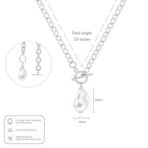 IMBOS 14K Gold Plated Chunky Chain Choker Necklaces for Women Chunky Gold Necklace Tennis Necklace for Women CZ Love Chain Cuban Link Choker Jewelry Gifts - color: Silver-Baroque Pearl Necklace