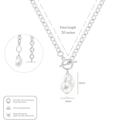 IMBOS 14K Gold Plated Chunky Chain Choker Necklaces for Women Chunky Gold Necklace Tennis Necklace for Women CZ Love Chain Cuban Link Choker Jewelry Gifts - color: Silver-Baroque Pearl Necklace