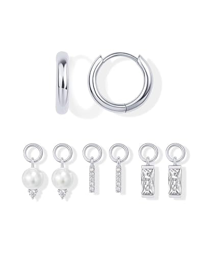 PAVOI 14K Gold Plated Mix & Match Charms Dainty Huggie Earrings for Women | Hypoallergenic Earrings with 925 Sterling Silver Posts, Huggie Hoop Earrings with Motif Dangle Charms Pack - style: Pearl