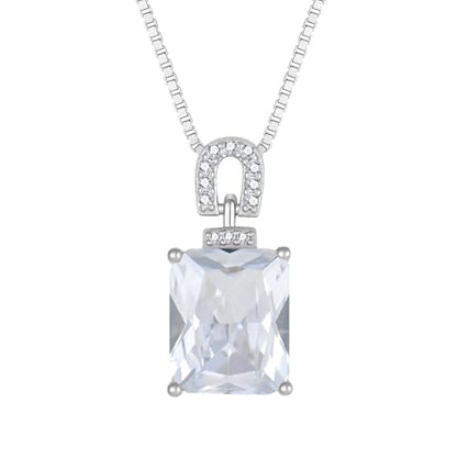 Emerald Cut Birthstone Necklace for Women 925 Sterling Silver | Baguette Birthstone Pendant Necklace, Jewelry for Mom Wife - color: White