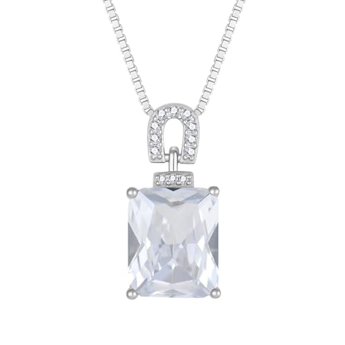 Emerald Cut Birthstone Necklace for Women 925 Sterling Silver | Baguette Birthstone Pendant Necklace, Jewelry for Mom Wife - color: White