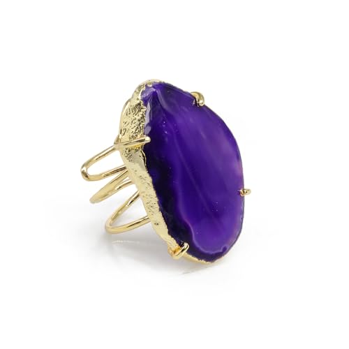 Natural Agate Geode Slice Crystal Gemstone Free-Form Stone Ring Gold Electroplated Adjustable Rings for Women stone Size 30-40mm - color: Purple