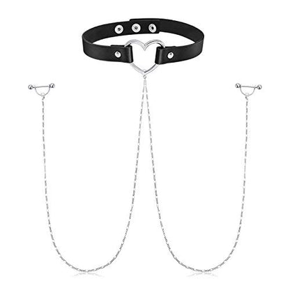 Nipple Ring with Choker Necklaces Stainless Steel Nipple Rings Chain Heart Cat Head Punk Chokers for Women Nipple Barbell Piercing Jewelry - color: Black PU Leather Heart Style