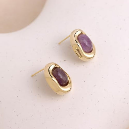 Jean Beau Chunky Gold Stone Stud Earrings for Women, Trendy Natural Gemstone Hypoallergenic Earing Valentine Jewelry Gift - color: Amethyst Purple