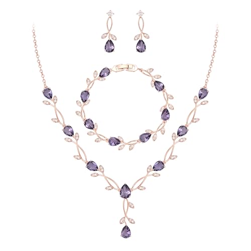 EVER FAITH Cubic Zirconia Pearl Leaf Bridal Jewelry Set for Bride Women | White Wedding Prom Necklace Dangle Earrings Bracelet, for Bridesmaid - color: CZ_Purple Rose Gold-Plated-Brass