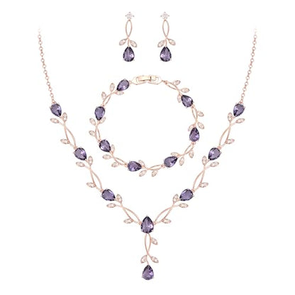 EVER FAITH Cubic Zirconia Pearl Leaf Bridal Jewelry Set for Bride Women | White Wedding Prom Necklace Dangle Earrings Bracelet, for Bridesmaid - color: CZ_Purple Rose Gold-Plated-Brass