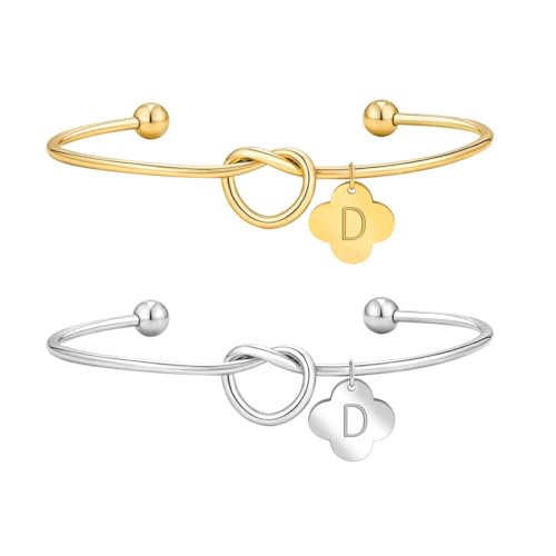 2Pcs Gold/Silver Initial Bracelets for Women Dainty Knot Letter A-Z Initial Bracelet for Women, Personalized Cuff Bangle Bracelet Jewelry Gifts for Women - color: D
