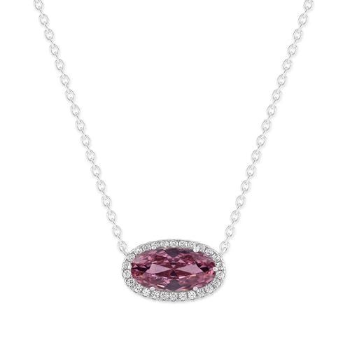 Belacqua Gemstone Necklace in Sterling Silver,Halo Pendant with Accent, Oval Cut 6 * 12mm, 15" Cable Chain with 2" Extender, Spring Ring Clasp, Dainty Birthstone Necklace for Women, Gift Box Included - color: 10-October-Tourmaline Pink