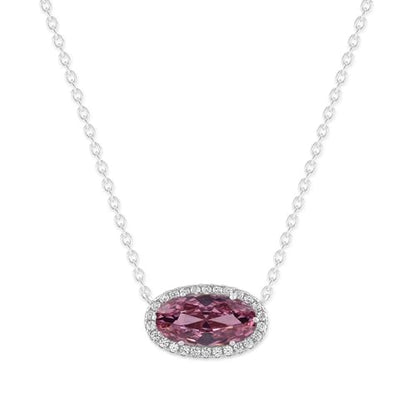 Belacqua Gemstone Necklace in Sterling Silver,Halo Pendant with Accent, Oval Cut 6 * 12mm, 15" Cable Chain with 2" Extender, Spring Ring Clasp, Dainty Birthstone Necklace for Women, Gift Box Included - color: 10-October-Tourmaline Pink