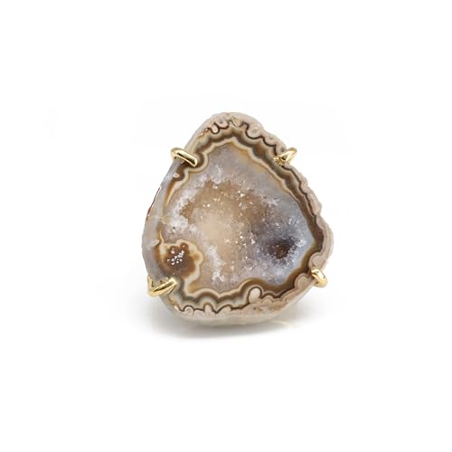Elegant Geode Druzy Gemstone Statement Ring for Women, Adjustable Ring, Gold Plated Stone Size 20-25mm - color: Brwon, style: 1