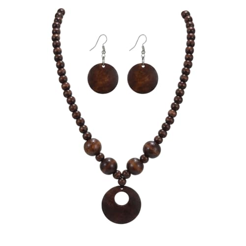 Soyzvteo Boho Wooden Beaded Necklace Earring Set Chunky Statement Costume Jewelry Retro Ethnic Accessories for Women - color: Brown
