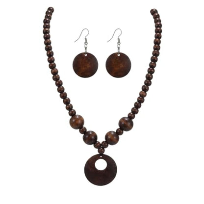 Soyzvteo Boho Wooden Beaded Necklace Earring Set Chunky Statement Costume Jewelry Retro Ethnic Accessories for Women - color: Brown