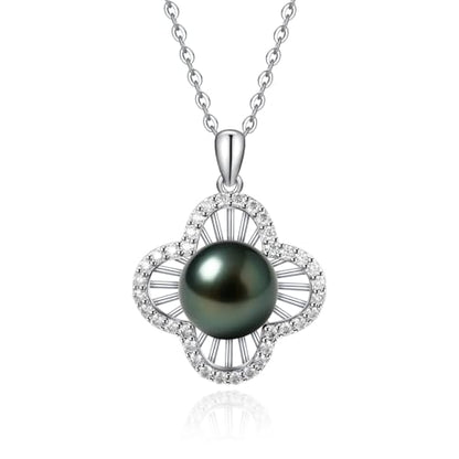 Genuine Tahitian Black Pearl Necklace for Women, 9-11mm AAAA Seawater Pearl with Sterling Silver Moissanite Pendant, Jewelry Gift for Wife, Mom, Girlfriend, Wedding Anniversary, Birthday, Christmas - size: 9-10mm, style: Clover Bloom