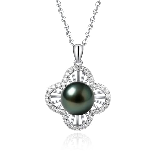 Genuine Tahitian Black Pearl Necklace for Women, 9-11mm AAAA Seawater Pearl with Sterling Silver Moissanite Pendant, Jewelry Gift for Wife, Mom, Girlfriend, Wedding Anniversary, Birthday, Christmas - size: 9-10mm, style: Clover Bloom