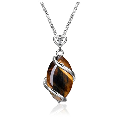 Jovivi Amethyst Rose Quartz Stone Necklace for Women Men, Full Wire Wrapped Natural Gemstone Reiki Healing Crystal Pendant Jewelry - color: Tiger Eye Crystal