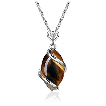 Jovivi Amethyst Rose Quartz Stone Necklace for Women Men, Full Wire Wrapped Natural Gemstone Reiki Healing Crystal Pendant Jewelry - color: Tiger Eye Crystal