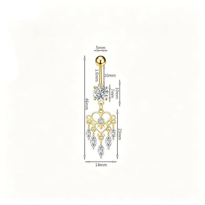14G Boho Dangle Belly Button Ring, Stainless Steel Tassel Crystal Love Heart Chandelier Navel Piercing Barbell Belly Rings Body Piercings Jewelry for Women - color: Gold