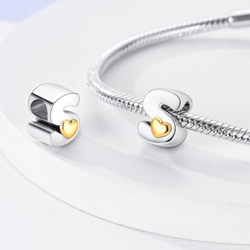 925 Sterling Silver Letter Charms A-Z for Bracelet Necklace Alphabet Bead | Heart letter A B C D G J charm initial gold Pendant beads Jewelry Gift for Women - color: Letter S