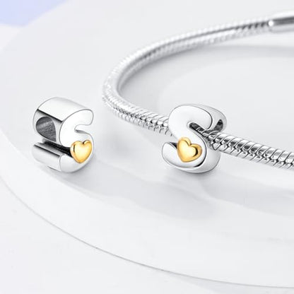 925 Sterling Silver Letter Charms A-Z for Bracelet Necklace Alphabet Bead | Heart letter A B C D G J charm initial gold Pendant beads Jewelry Gift for Women - color: Letter S