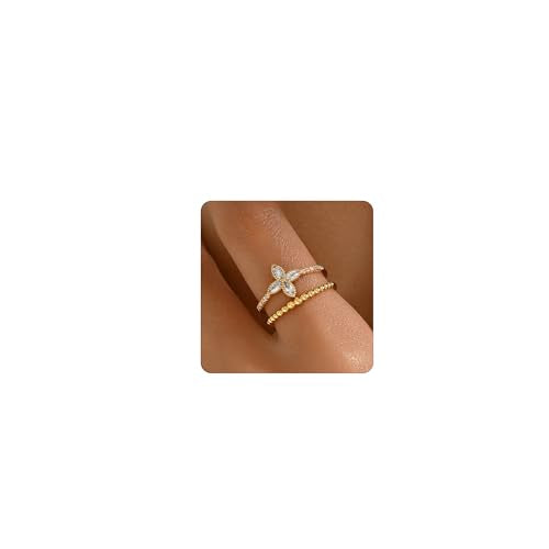 Adjustable Rings for Women 18K Gold Plated daisy Flower Butterfly Ball Cubic Zirconia Rings Dainty Open Stacking Ring - color: Flower CZ-Gold