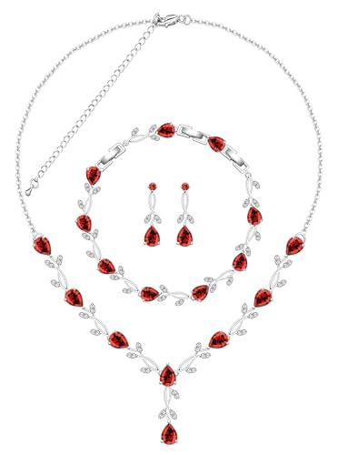 Jewelry Set for Women Bride Bridesmaid Wedding Party Prom Necklace Earrings Bracelet Set Gift for Mother Wife Friend - color: Garnet