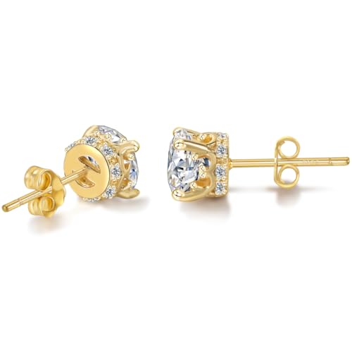 Hypoallergenic Cubic Zirconia Stud Earrings for Women & Men 24K Gold Plated Sterling Silver Post, CZ Simulated Diamond Halo Studs Sensitive Ear Friendly Gift (ED-31) - color: Gold 01