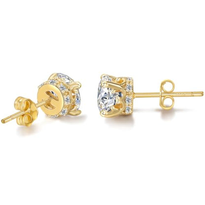 Hypoallergenic Cubic Zirconia Stud Earrings for Women & Men 24K Gold Plated Sterling Silver Post, CZ Simulated Diamond Halo Studs Sensitive Ear Friendly Gift (ED-31) - color: Gold 01