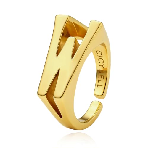 Cicy Bell Initial Rings for Women 18k Gold Plated Adjustable Rings | Open Signet Rings, Bold Letter, Personalized Engraved, For Party - color: Initial-W