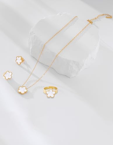 Gold Plated Stainless Steel Four Leaf Clover Necklace Earrings And Ring Jewelry Set for Women