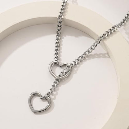 Artmiss Heart Slip Chain Necklace Cuban Long Chain Affection Link Necklace Submissive Collar Chokers for Women - color: Silver