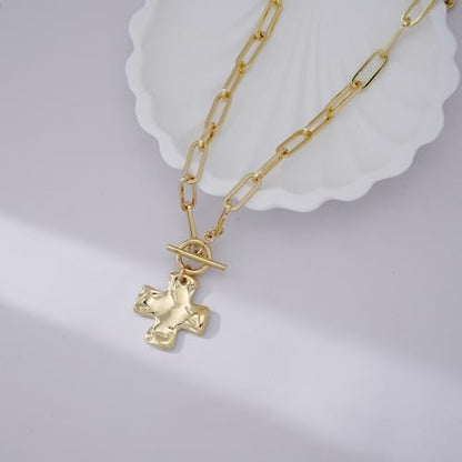 Chunky Cross Necklace for Women Trendy 14K Gold Silver Plated Statement Big Cross Pendant Paperclip Chain Charm Necklaces Religious Faith Easter Basket Stuffers Baptism Costume Jewelry Gift - color: Gold-Toggle-1 inch pendant