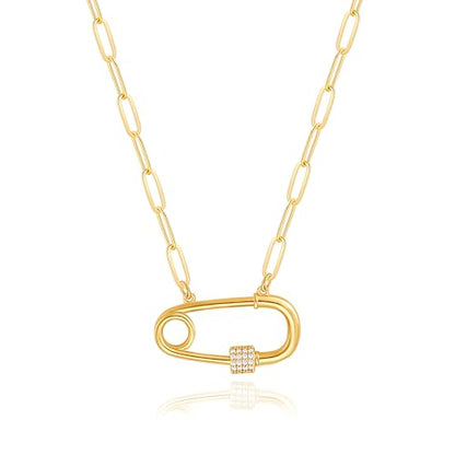Aobei Pearl 18K Gold Plated Moon Star Lion Evil Eye Love Heart Cross Pendant Necklace Medallion Paperclip Chian Choker Layering Jewery for Women - color: Golden Safety Pin Screw Lock