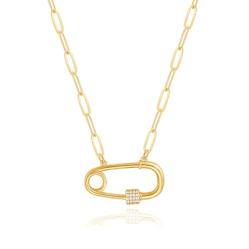 Aobei Pearl 18K Gold Plated Moon Star Lion Evil Eye Love Heart Cross Pendant Necklace Medallion Paperclip Chian Choker Layering Jewery for Women - color: Golden Safety Pin Screw Lock
