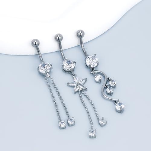 Vsnnsns 14G Dangle Belly Button Ring Piercing Jewelry 316L Stainless Surgical Steel Snake Heart Butterfly Flower Diamond CZ Navel Rings Dangling Belly Button Ring Piercing Jewelry for Women 14 Gauge - color: Silver Tone
