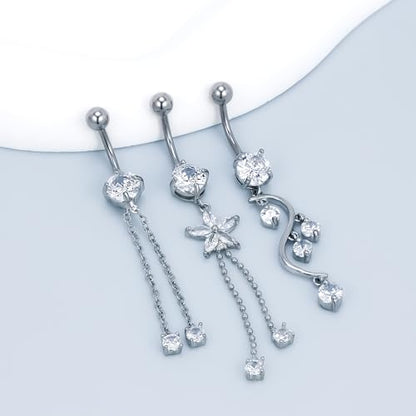 Vsnnsns 14G Dangle Belly Button Ring Piercing Jewelry 316L Stainless Surgical Steel Snake Heart Butterfly Flower Diamond CZ Navel Rings Dangling Belly Button Ring Piercing Jewelry for Women 14 Gauge - color: Silver Tone