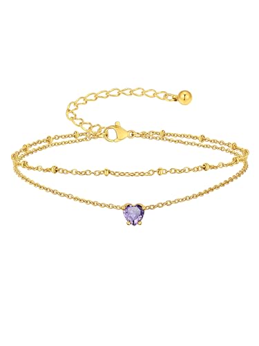 Suplight Gold Plated Butterfly Anklets for Women Waterproof, Layered Boho Ankle Bracelet with Birthstone, Stainless Steel Adjustable Non-Tarnish Heart Foot Jewelry Beach Vacation - color: 06. Heart-Jun. Alexandrite