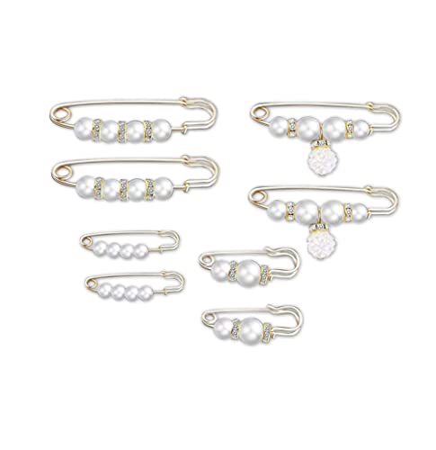 8 Pcs Pearl Brooch Pins Faux Pearl Rhinestones Brooches for Women Safety Pins for Clothes Sweater Shawl Clips Pants Extender Dressing Accessories