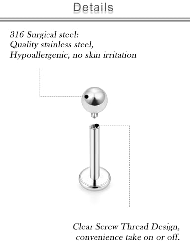 18G 16G 14G Lip Labret Medusa Nose Rings Studs Flat Back Earrings Internally Threaded 316L Surgical Steel Snake Bites Lip Rings Cartilage Tragus Helix Conch Earring Stud 6mm 7mm 8mm - color: Silver-18G（1.0mm)-6mm 7mm 8mm Bars-3mm CZ