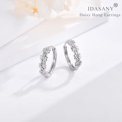 Sterling Silver Hoop Earrings for Women, Dainty Small Huggie Hoop Earrings | Hypoallergenic Daisy Color Cubic Zirconia Flower Hoops Earring Jewellery Gifts for Ladies Birthday Wedding, 12mm Hoop - color: Clear