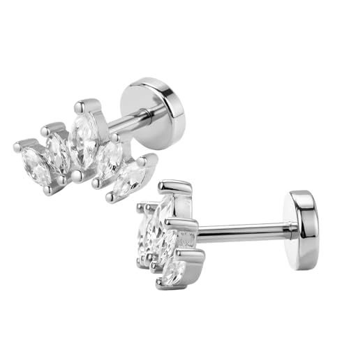 Stainless Steel 5-Stone Marquise-Cut Cubic Zirconia Flat Back Stud Earrings, 1 Pair Screw Back Ear Crawler Earrings for Women, Dainty Jewelry for Sensitive Ears Unique Gift Idea (Silver/Gold) - color: Silver