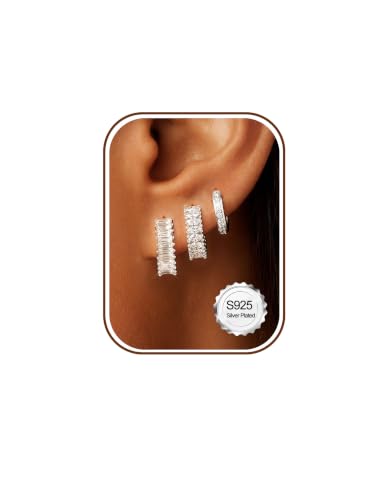 Cubic Zirconia Silver Earrings Stack Small Gold Hoop Earrings Set | Hypoallergenic 925 Silver Post, 14K Gold Plated, Non Tarnish, Earring Sets for Multiple Piercing, Huggie Earrings for women - color: Silver