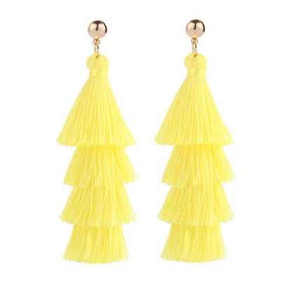 BaubleStar Bohemian Layered Tassel Drop Earrings for Women | Lightweight Statement Party Festival Jewelry - color: Chartreuse