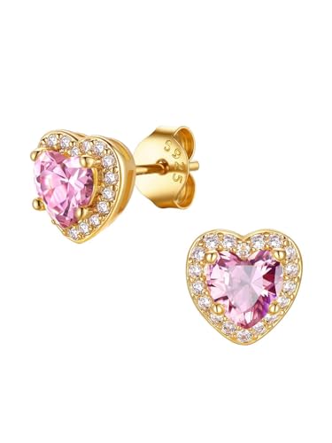 FindChic Birthstone Earrings for Women, Round/Heart/Square/Teardrop Earrings with 925 Sterling Silver Posts & Push Backs, Hypoallergenic Studs with Cubic Zirconia, 12 Months Jewelry with Gift Box - style: 10. October-Pink Tourmaline (Heart-Gold)