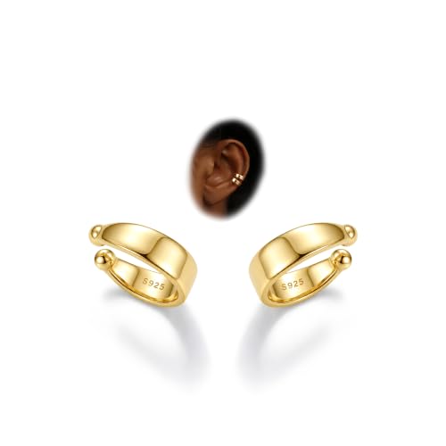 Subiceto 925 Sterling Silver Ear Cuffs Non Piercing - Adjustable Hypoallergenic 14K Gold Plated Clip On Earrings for Women Cubic Zirconia Silver Ear Cuff Helix Cartilage Fake Piercing - color: 01 Wide Gold Tone
