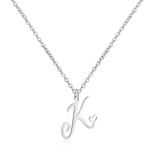 Gold Heart Initial Necklaces for Women, Minimalist Initial Heart Necklaces for Her, Dainty Alphabet Letter Pendant Necklaces Gift Jewelry - color: Silver, style: K