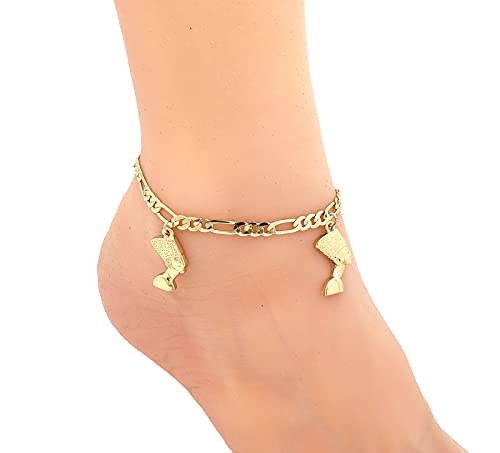 Fashion 21 Women's Cross, Ankh, Queen Nefertiti Piece 10 inches Figaro Chain Anklet Foot Bracelet in Gold Tone - style: 3 Nefertiti Charms/ Figaro