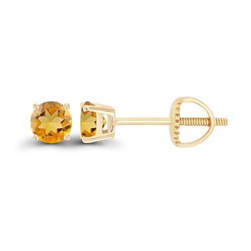 14K Gold Plated 925 Sterling Silver Hypoallergenic 4mm Round Genuine Birthstone Solitaire Screwback Stud Earrings - color: Citrine