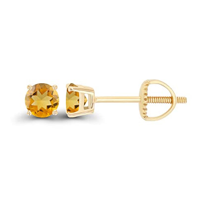 14K Gold Plated 925 Sterling Silver Hypoallergenic 4mm Round Genuine Birthstone Solitaire Screwback Stud Earrings - color: Citrine