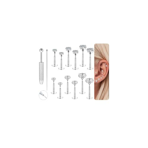 18G 16G Hypoallergenic Surgical Stainless Steel Internal Thread Tragus Labret Cartilage CZ Stud Piercing Jewelry Helix Cartilage Conch Nose Lip Labret Medusa Piercingenic Be Equipped With Piercing Ball Grabber Tool Flat Back Stud Earrings for Women Men -